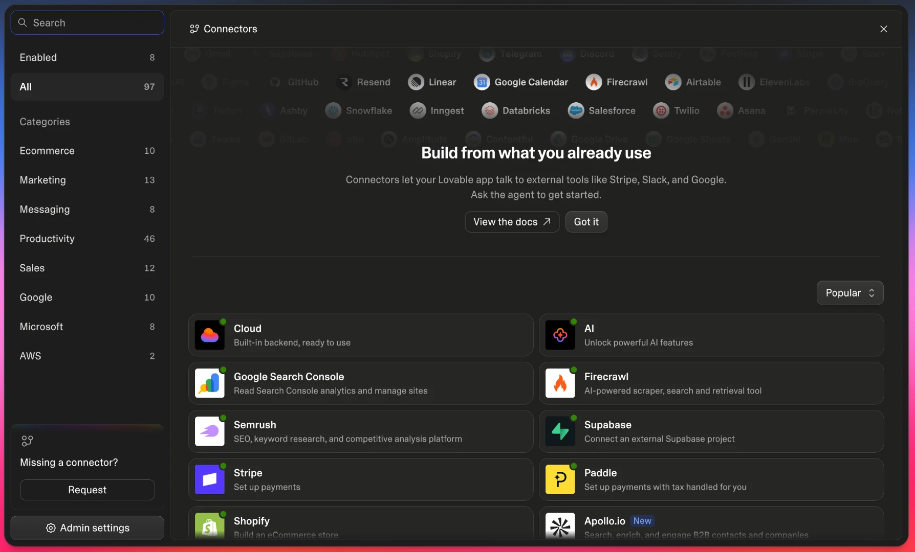 Lovable Connectors Dashboard mit Integrationen wie Stripe, Slack, Google, Supabase und weiteren Diensten
