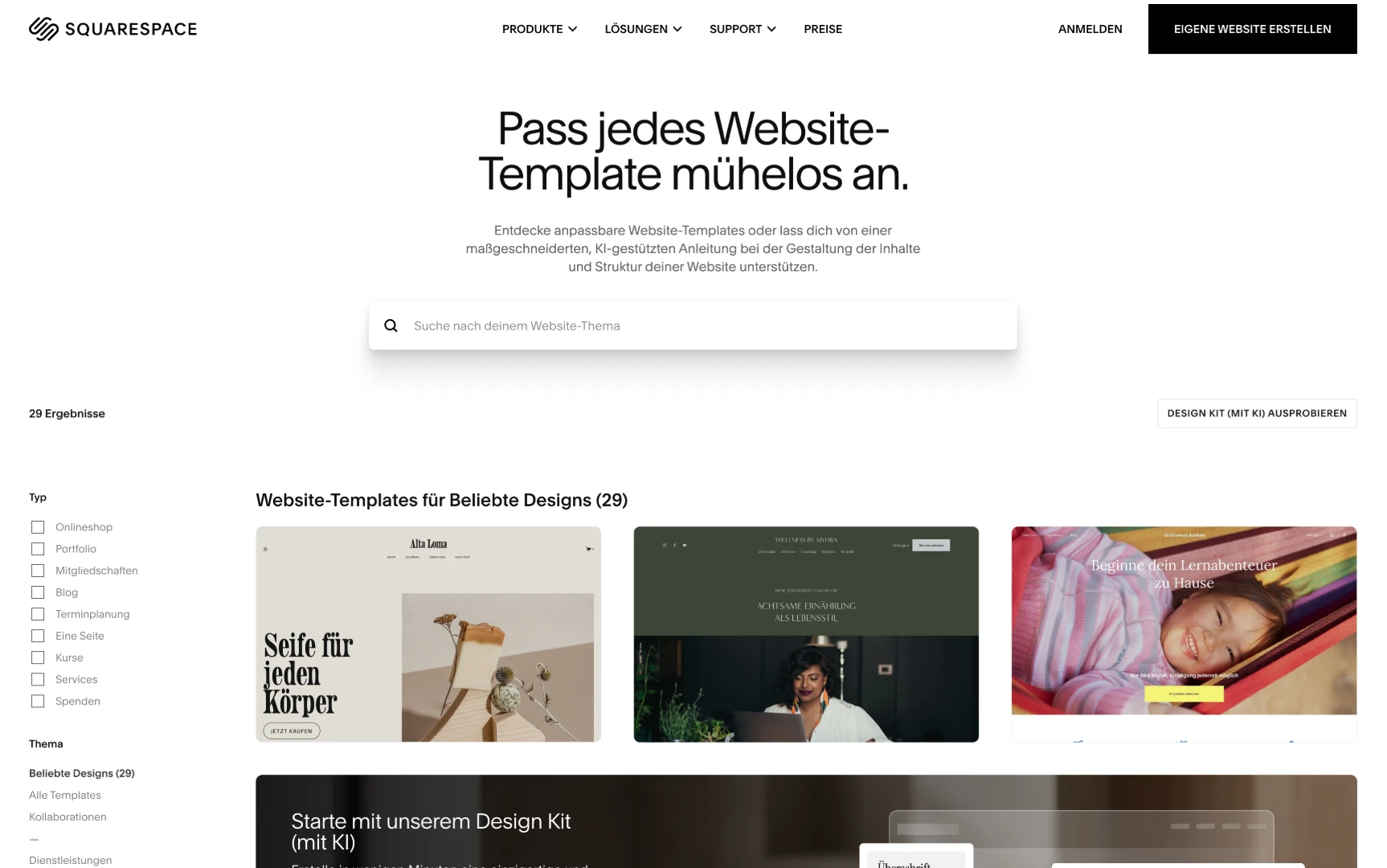 Squarespace Template-Auswahl mit 29 vorgefertigten Website-Designs für verschiedene Branchen