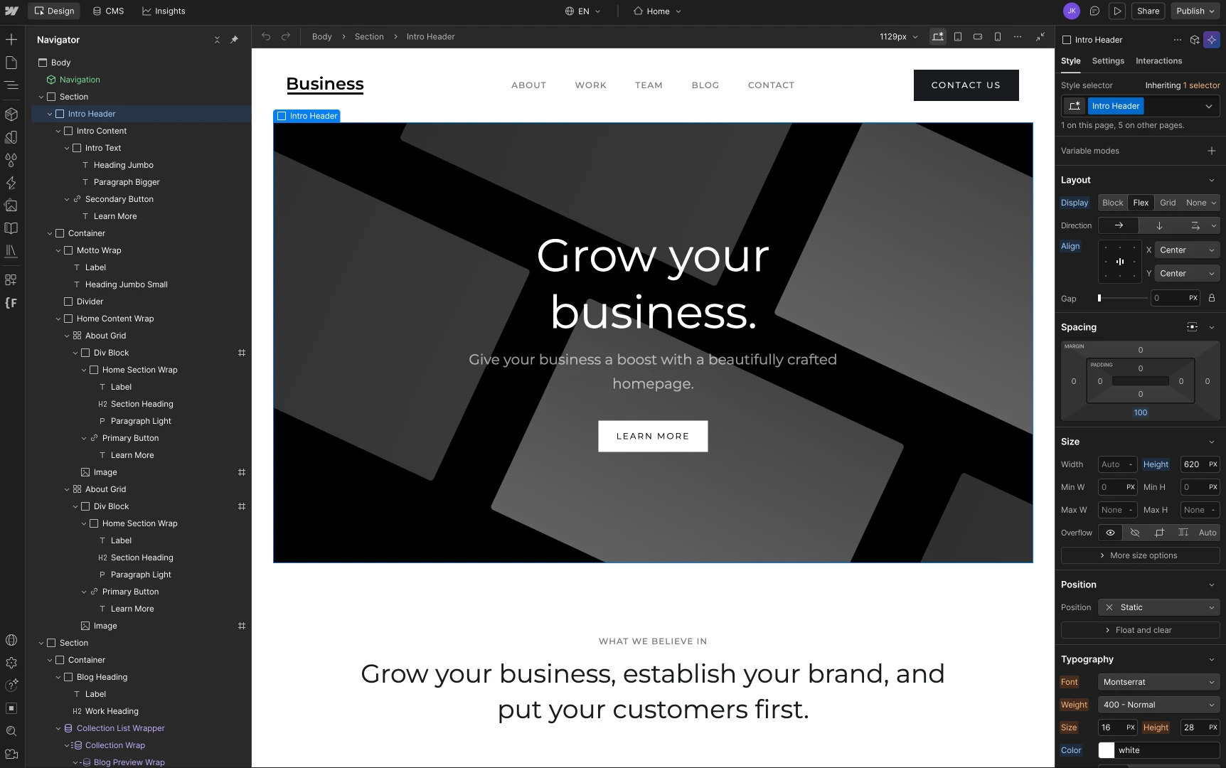 Webflow Designer Canvas mit Navigator, Style-Panel und Live-Preview einer Website