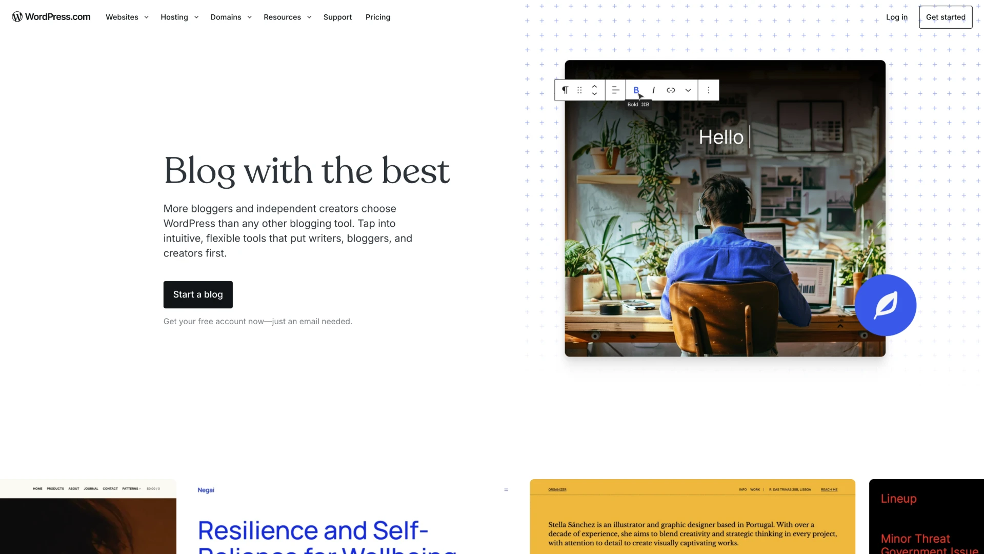 WordPress.com Startseite mit dem Claim Blog with the best und einem sichtbaren Block-Editor