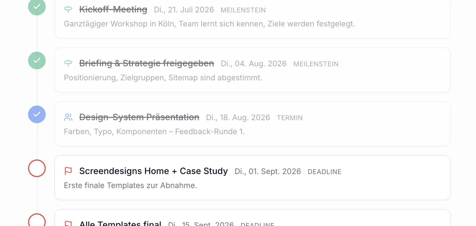 Detailansicht der Roadmap im BuzzzHub Onboarding-Tool: Meilensteine Kickoff-Meeting, Briefing und Strategie freigegeben, Design-System-Präsentation und Screendesigns Home und Case Study mit Datum, Typ und Erledigt-Status