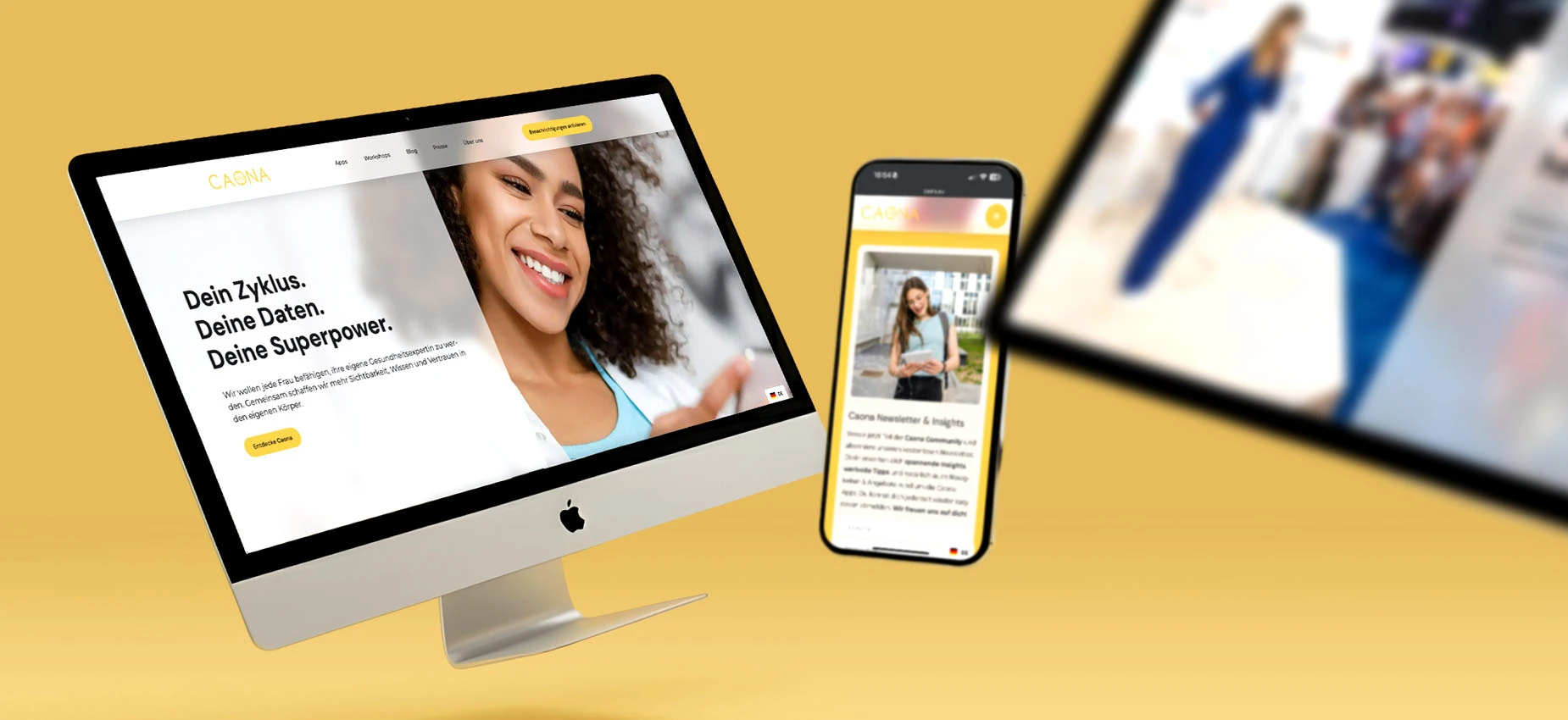 Interface-Design der Caona Health App mit hohen Kontrasten und klarer Typografie